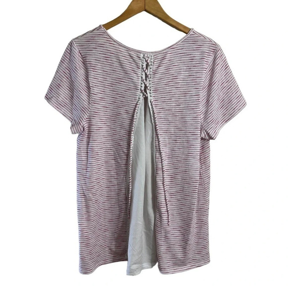 Lane Bryant Pink and White Striped Blouse Size 18 20 Knit Lace Up Backside Top - Picture 2 of 6